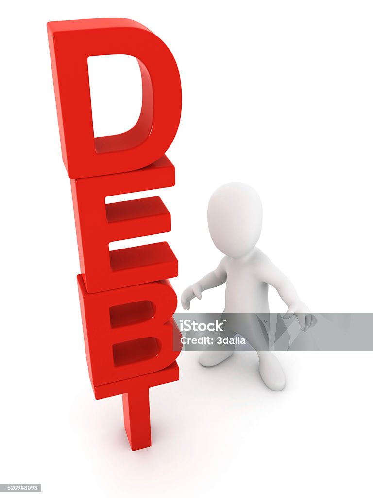 3d Little man has Debt towering over him 3d render of a little person with the word Debt leaning over him Adult Stock Photo