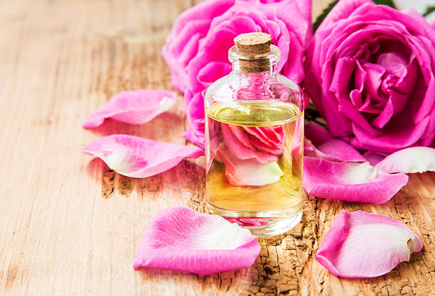 istock Rose essential oil with pink roses and petals 520943324