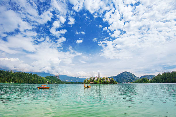 Boats on the lake Bled in Slovenia stock photo