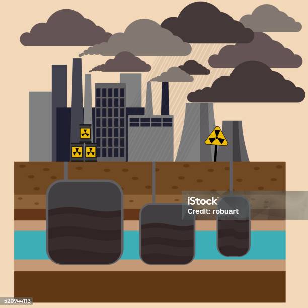 Kraftwerk Rauch Smokestacks Ausstoßen Stock Vektor Art und mehr Bilder von Atomkraftwerk - Atomkraftwerk, Flach, Außenaufnahme von Gebäuden