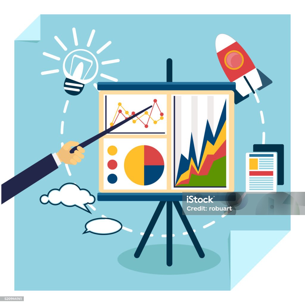Presentation of business development concept Flat design of presentation business development concept from good idea to successful startup. Hand with pointer points to tripod with chart graph Business stock vector