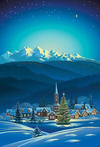 Winter rural holiday landscape Winter landscape with a Christmas tree. Vector illustration. wintry landscape january december landscape stock illustrations