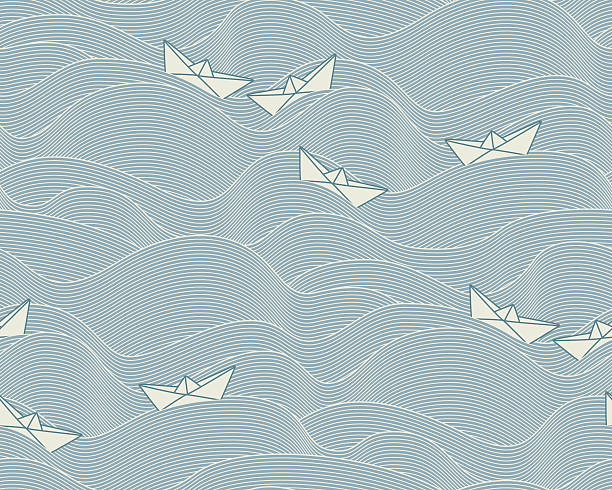 bildbanksillustrationer, clip art samt tecknat material och ikoner med floating paper boats  (seamless pattern) - segelbåt illustrationer