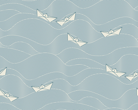 Pattern with floating paper boats on a wavy, slate blue ocean in asian style. The style is oriental, contemporary and elegant. The Pattern can be equally used for maritime, holiday or children related layouts.