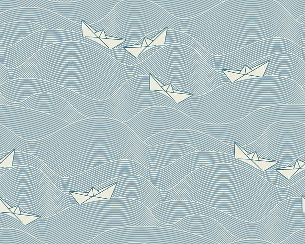 Floating paper boats (Seamless pattern) Pattern with floating paper boats on a wavy, slate blue ocean in asian style. The style is oriental, contemporary and elegant. The Pattern can be equally used for maritime, holiday or children related layouts. asian wallpaper stock illustrations