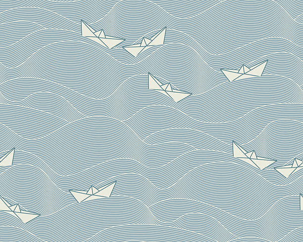 Floating paper boats  (Seamless pattern) Pattern with floating paper boats on a wavy, slate blue ocean in asian style. The style is oriental, contemporary and elegant. The Pattern can be equally used for maritime, holiday or children related layouts. toy boat stock illustrations