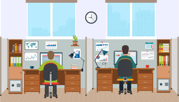 Workstation, office interior with employees. Workstation, office interior with employees. Office space with the workers. computer programming desk stock illustrations