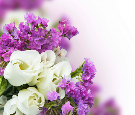 White roses with purple flowers bouquet, spring blossom bouquet