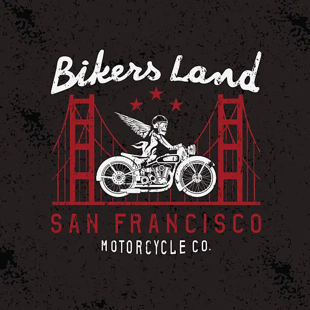 Vector illustration of skeleton in helmet on bike and golden gate bridge