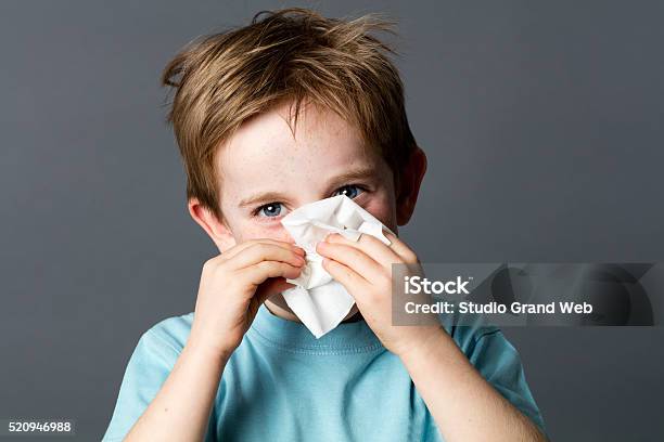 Lächelnde Junge Vorschulkind Mit Gewebe Für Kaltes Oder Rhinitis Stockfoto und mehr Bilder von Sinusitis