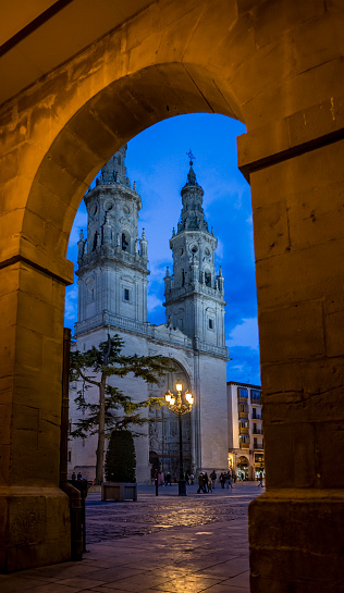 Logroño, Spain - April 8, 2016. Concatedral de Santa Maria de la Redonda at nigh. The Way of Saint James to Santiago de Compostela made this one of the most important cathedrals and towns on the route.