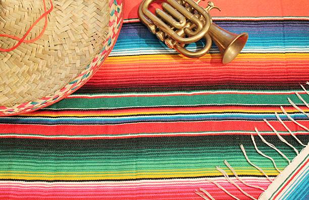 istock Mexican fiesta poncho rug sombrero background copy space 520947423