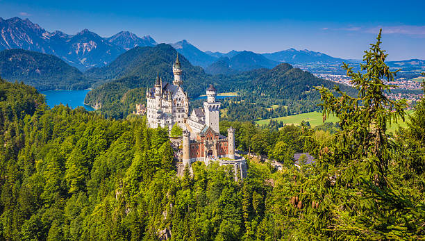 o famoso castelo de neuschwanstein com bela paisagem de montanha, próximo - king ludwig - fotografias e filmes do acervo