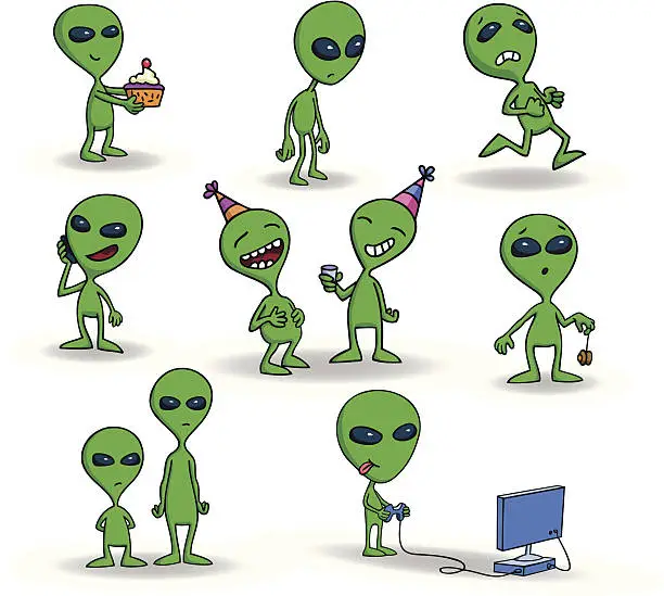 Vector illustration of Set of cute green alien creatures.