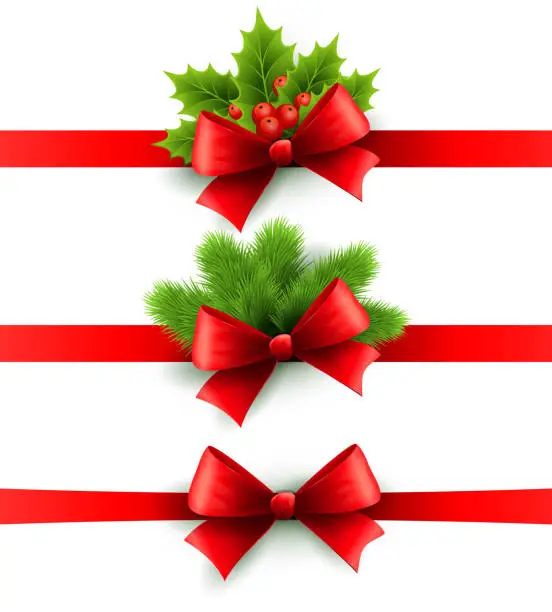 Vector illustration of Red holiday ribbon with bow. holly and pine decoration