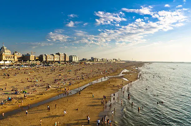 The Beach by Sunset in Scheveningen in The Hague, Netherlands.