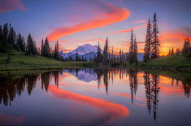 Tipsoo Lake Tipsoo Lake sunset mt rainier stock pictures, royalty-free photos & images