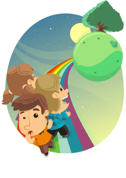 Vector illustration of Kids in a Rainbow Path
