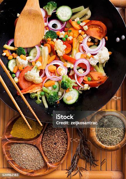 Wok Stir Fry With Vegetables And Spices Stock Photo - Download Image Now - Asia, Bamboo Shoot, Bell Pepper