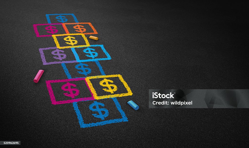 Paying For School Paying for school concept and education financing business concept as a chalk drawing of a hopscotch game on a floor with dollar signs as a symbol of student loans and paying for affordable schooling fees in private and public system. Hopscotch Stock Photo