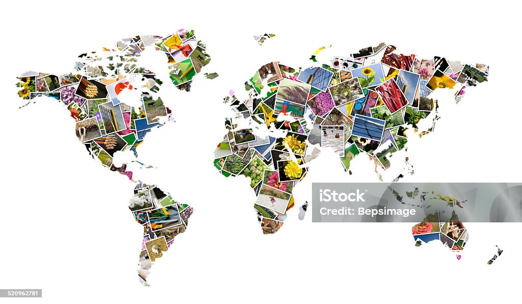 World World, photo collage on white background Arrangement Stock Photo
