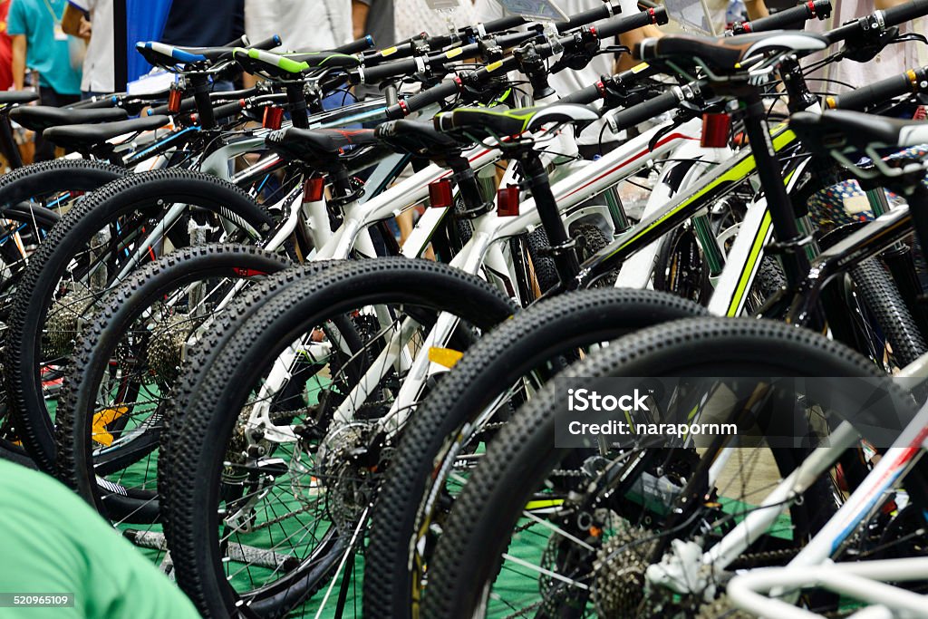 Bicycle Bikes parked in a row. Bicycle Shop Stock Photo