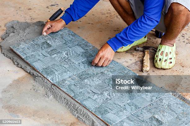 Floor Tile Installation For House Building Stock Photo - Download Image Now - Adult, Building Contractor, Built Structure