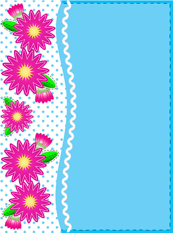 Jpg.   Blue copy space with a side trim of Pink zinnias on top of polka dot background complemented by ric rac and quilting stitch accents.