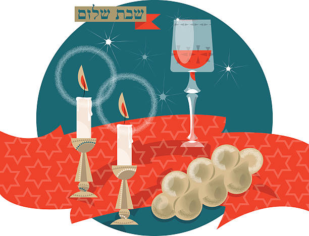 субботний shalom. свечи, чаша киддуш и хала. - shabbat shalom stock illustrations