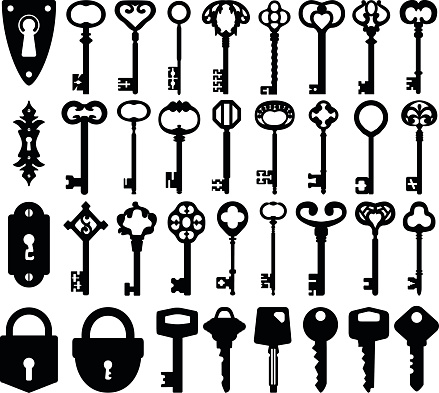 Set of keyholes, modern keys, decorative old keys and locks icons.