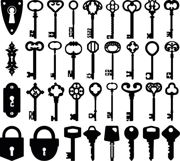 Set of keyholes, keys and locks icons. Set of keyholes, modern keys, decorative old keys and locks icons. computer key stock illustrations