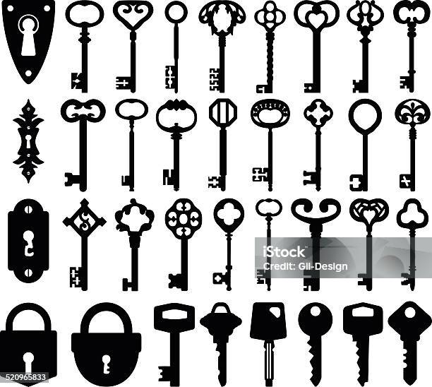 Set Of Keyholes Keys And Locks Icons Stock Illustration - Download Image Now - Key, Computer Key, Old-fashioned