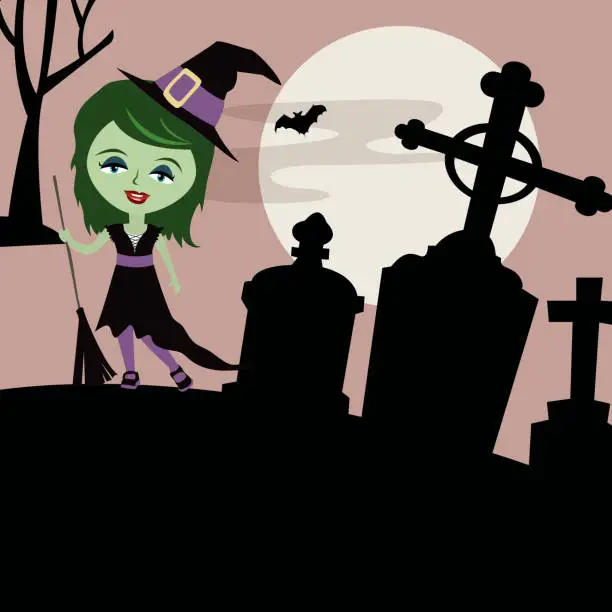 Vector illustration of Halloween Witch on Graveyard