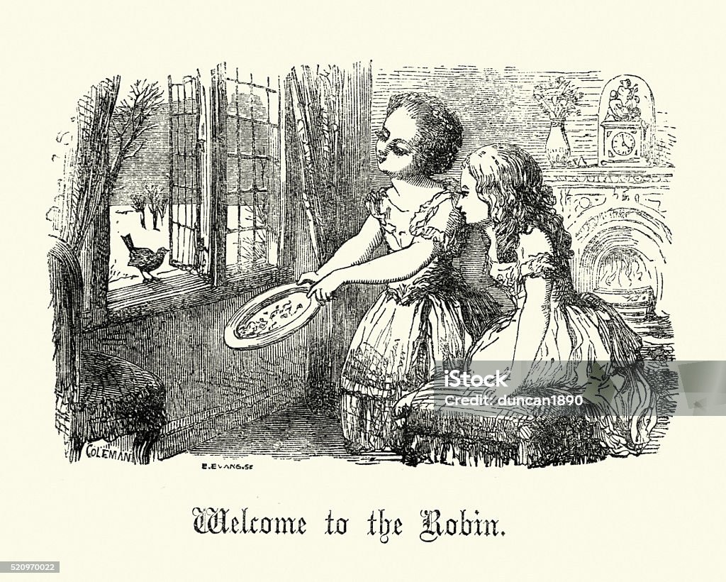 Little victorian girls feeding the Robins Vintage engraving of Little victorian girls feeding the Robins, 1860 1860-1869 stock illustration