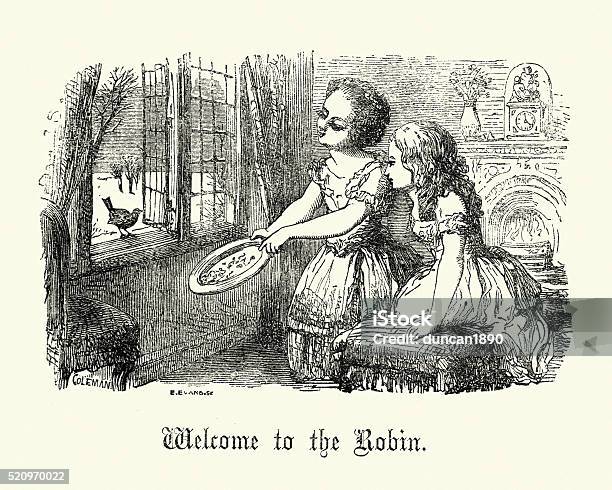 Little Victorian Girls Feeding The Robins Stock Illustration - Download Image Now - 1860-1869, 19th Century, 19th Century Style