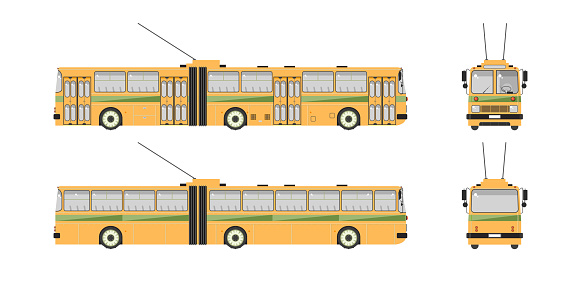 Set stock vector illustration isolated trolleybus front, side, back view flat style white background Element for site, infographic, video, animation, website, e-mail, newsletter, reports, comic, icon
