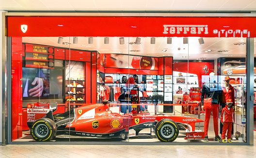 Bologna, Italy - February 26, 2016: Ferrari Store at Guglielmo Marconi International Airport; Ferrari S.p.A. is a world famous Italian luxury sports car manufacturer based in Maranello in Italy