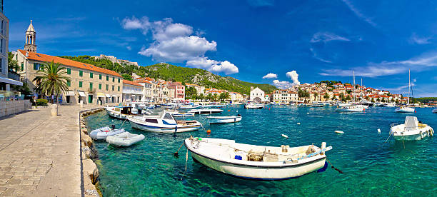 istock Coastal town of Hvar waterfront panorama 520973638