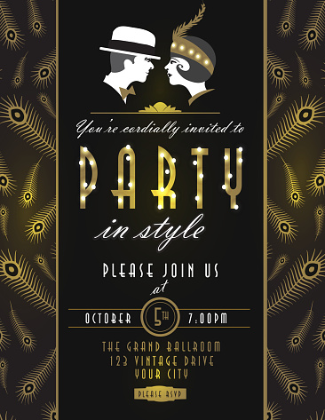 Art Deco style vintage invitation design template with couple