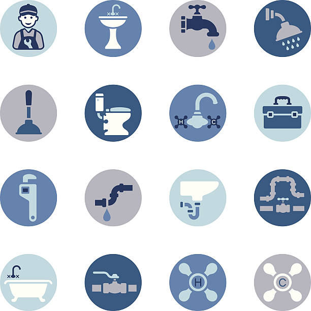 illustrazioni stock, clip art, cartoni animati e icone di tendenza di set di icone di impianto idraulico - bathroom water pipe faucet sink