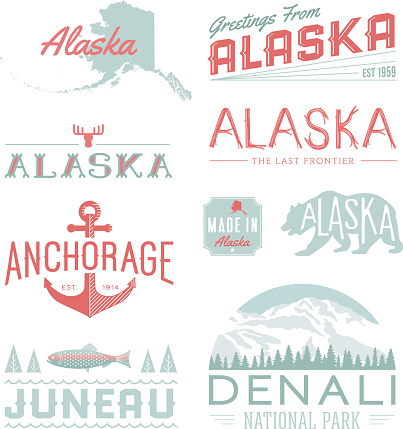 A set of vintage-style icons and typography representing the state of Alaska, including Anchorage, Juneau and Denali National Park. Each items is on a separate layer. Includes a layered Photoshop document. Ideal for both print and web elements.