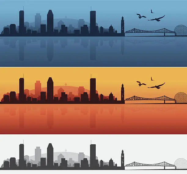 Vector illustration of Montreal night and sunset silhouettes