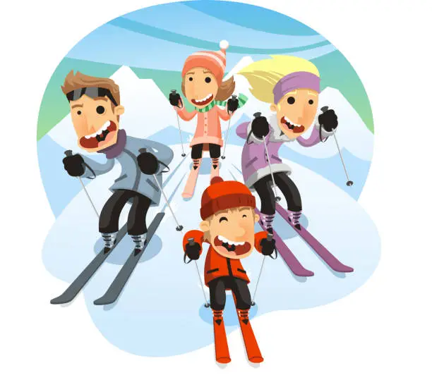 Vector illustration of Family Skiing