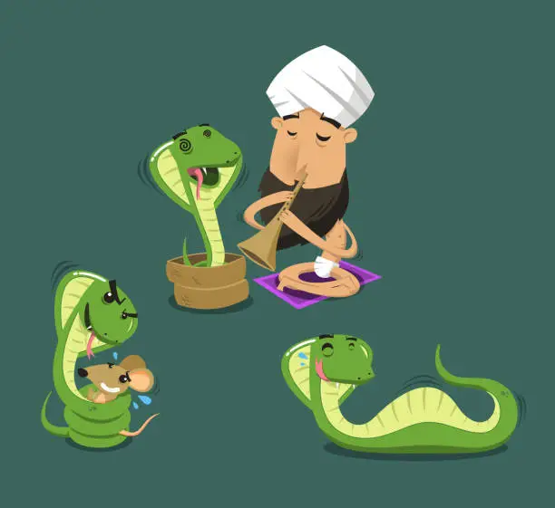 Vector illustration of Charmer playing flute to Cobra Poisonous Snake