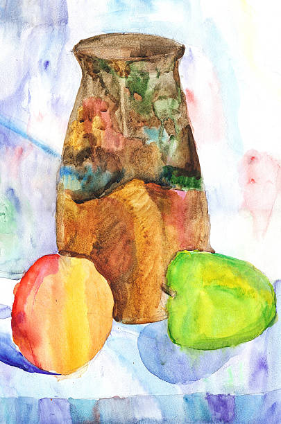 Still Life with apple, Jug and pear, Watercolor painting Still Life with Jug, apple and pear. Watercolor painting antique fruit bowl stock illustrations