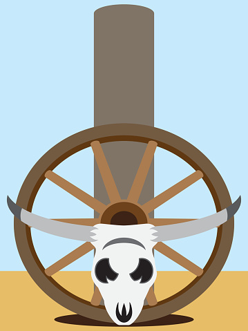 Cartoon steer skull resting against wagon wheel and post in the desert