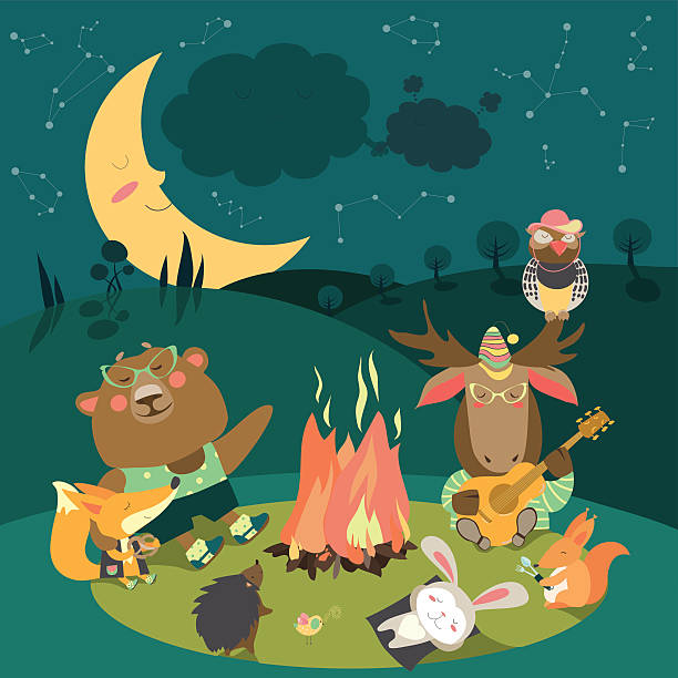 Animals resting around bonfire Cute animals resting around bonfire. Vector illustration fire fox stock illustrations