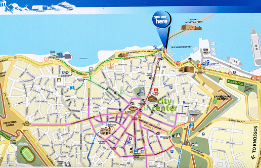 Heraklion,Crete,Greece - October 1, 2014: Image of Heraklion city map where the most important streets,locations and landmarks of the city are shown.This photo is made especially for the tourist people who are visiting the city,so they dont feel lost and it`s easier for them to find something they like to visit.