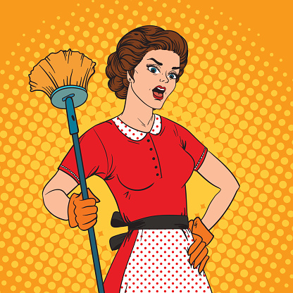Pop Art woman comic style housewife woman. Cleaning war housewife girl vector illustration. Pop art style housewife girl strong girl. Domestic, kitchen, cleaning service housewife woman