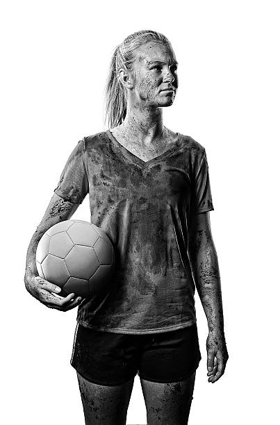 muddy 십대 여자아이 있는 축구공 흰색 - child mud dirty football 뉴스 사진 이미지